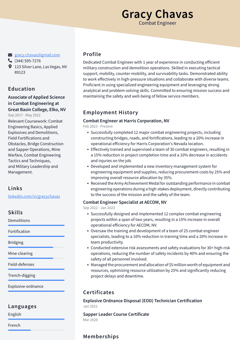 Combat Engineer Resume Example