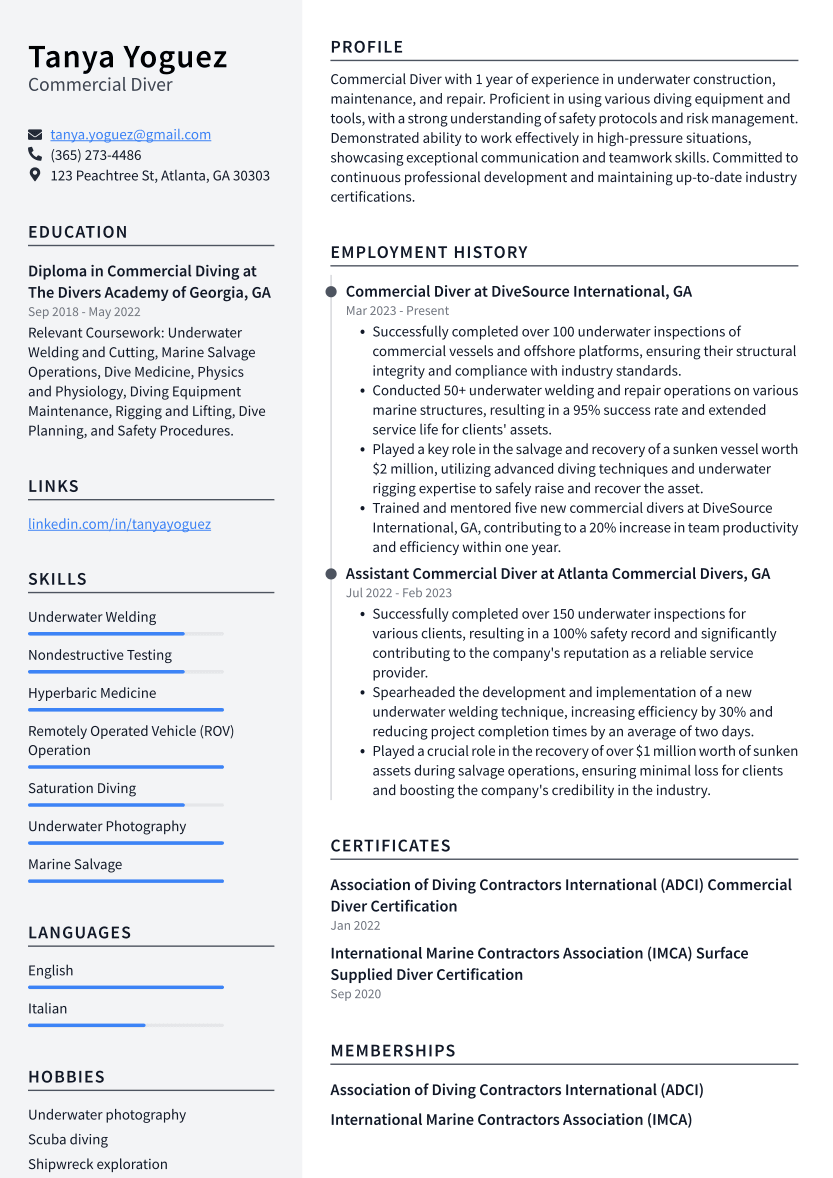 Commercial Diver Resume Example