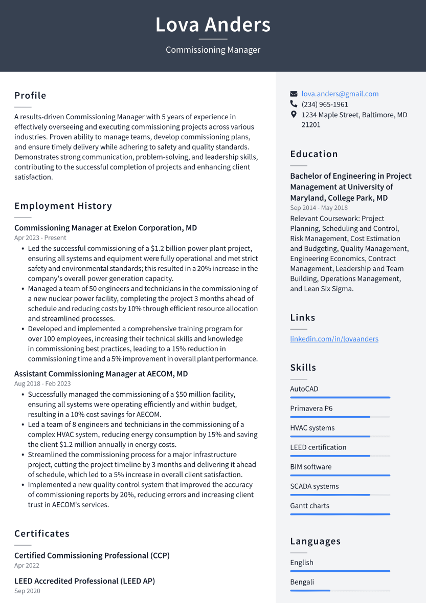Commissioning Manager Resume Example