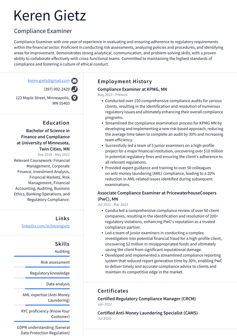 Compliance Examiner Resume Example