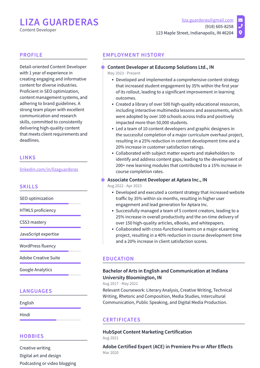 Content Developer Resume Example