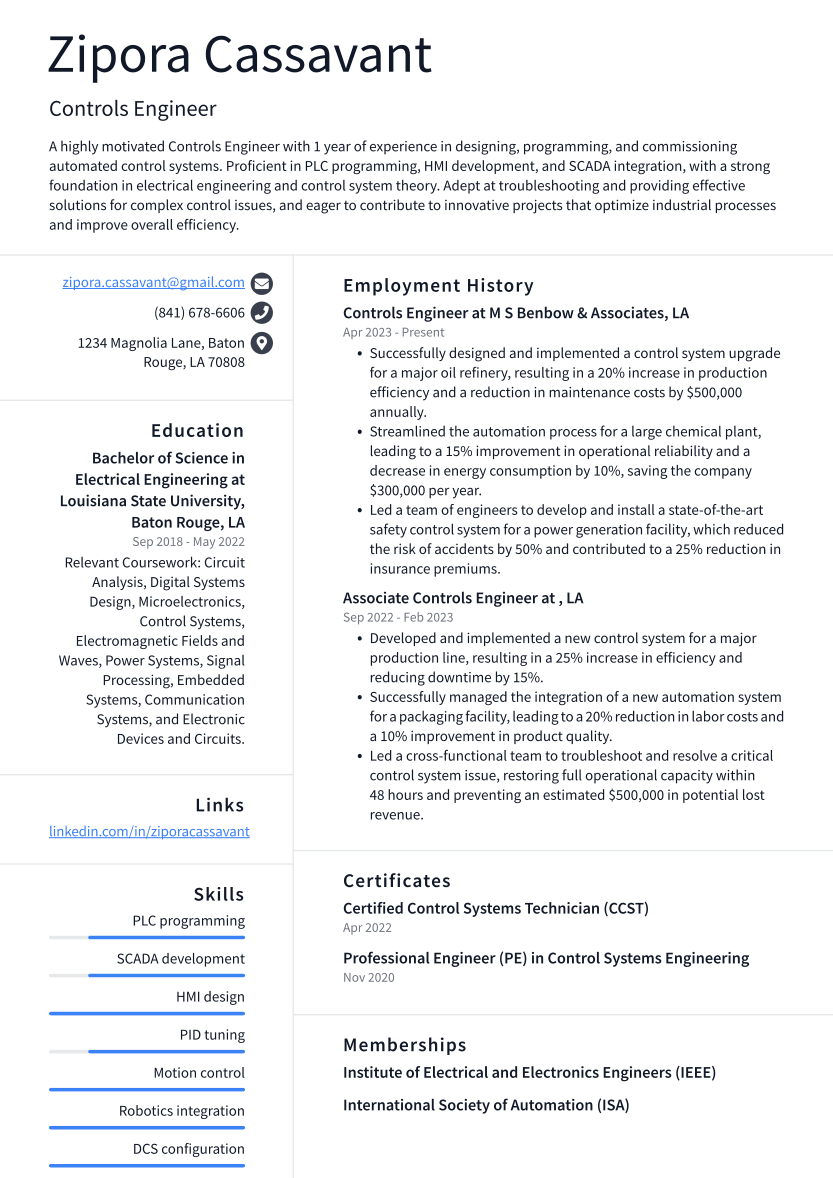 Controls Engineer Resume Example