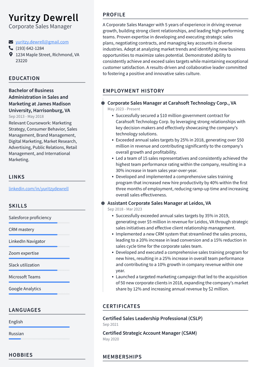 Corporate Sales Manager Resume Example