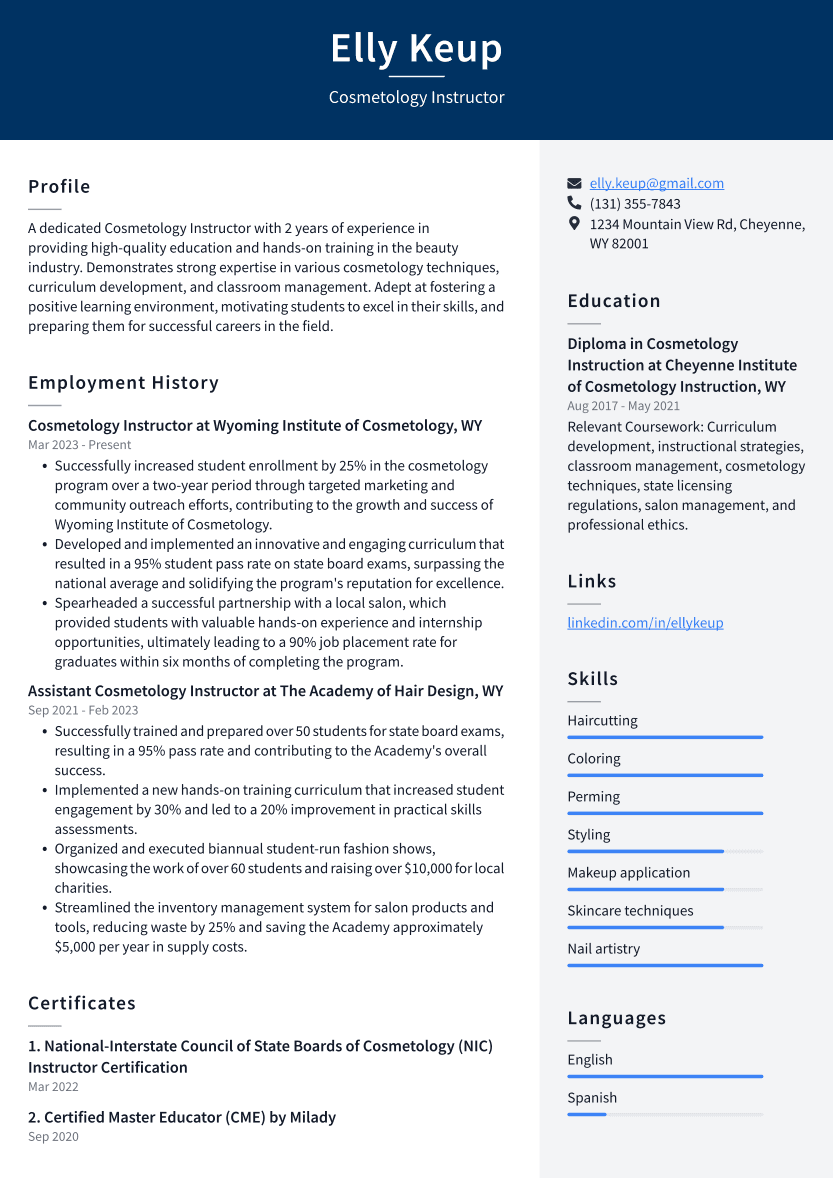 Cosmetology Instructor Resume Example