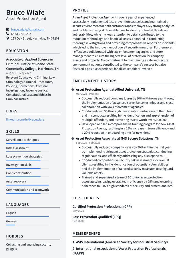 Costco Asset Protection Agent Resume Example