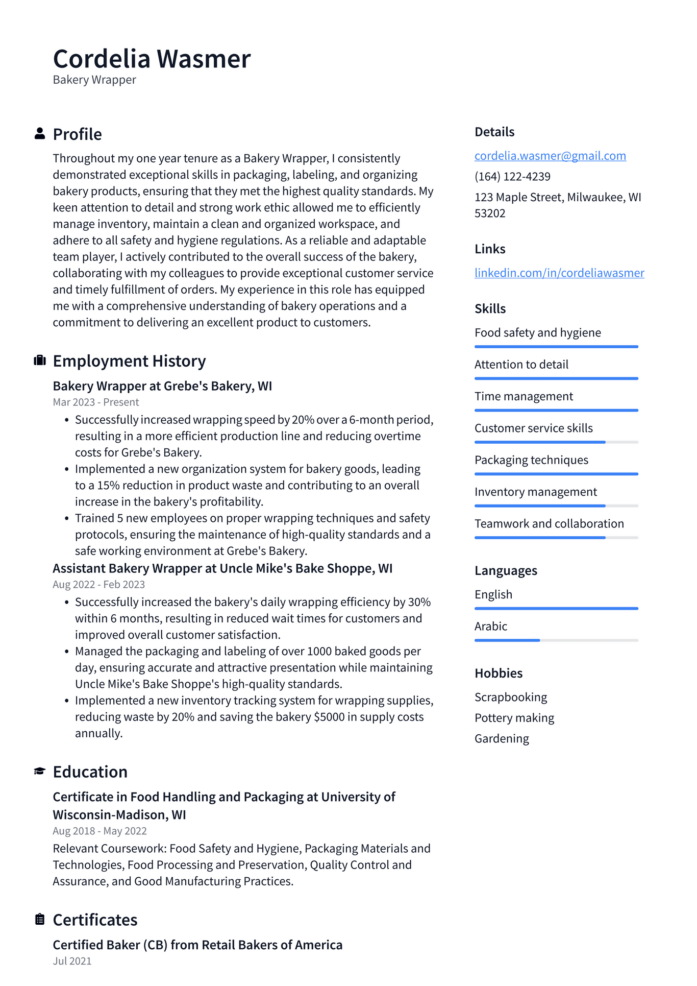 Costco Bakery Wrapper Resume Examples ResumeCat