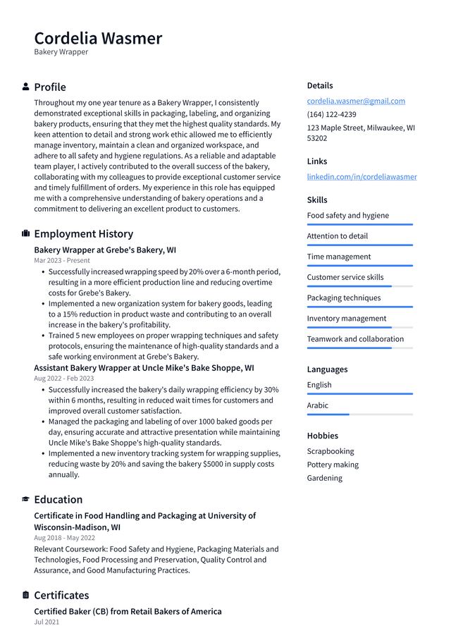 Costco Bakery Wrapper Resume Example