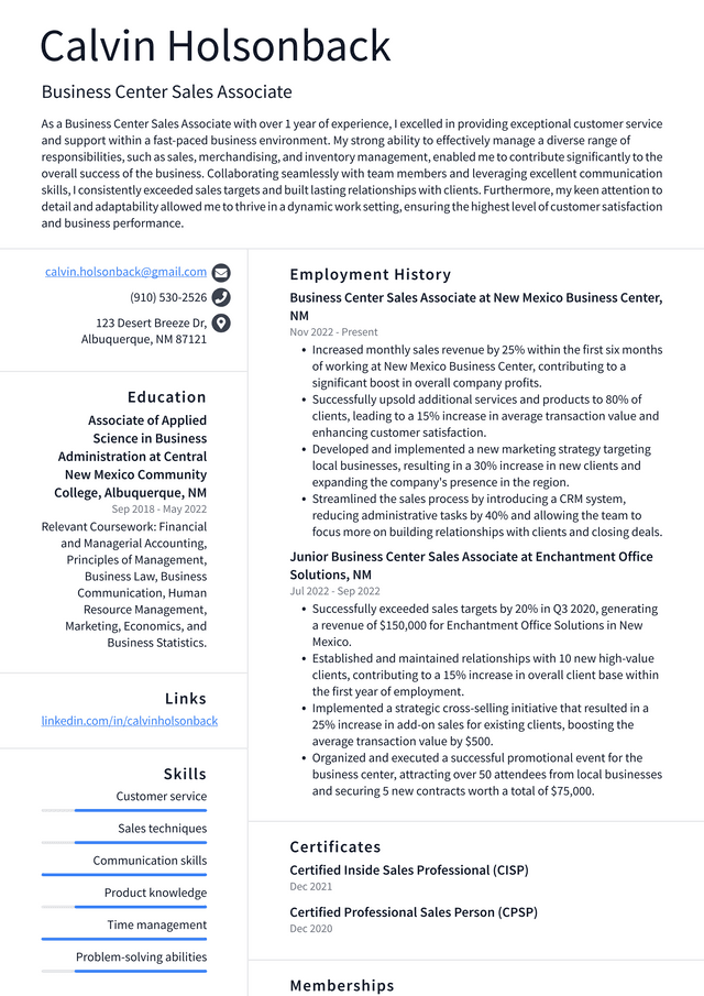 Costco Business Center Sales Associate Resume Example