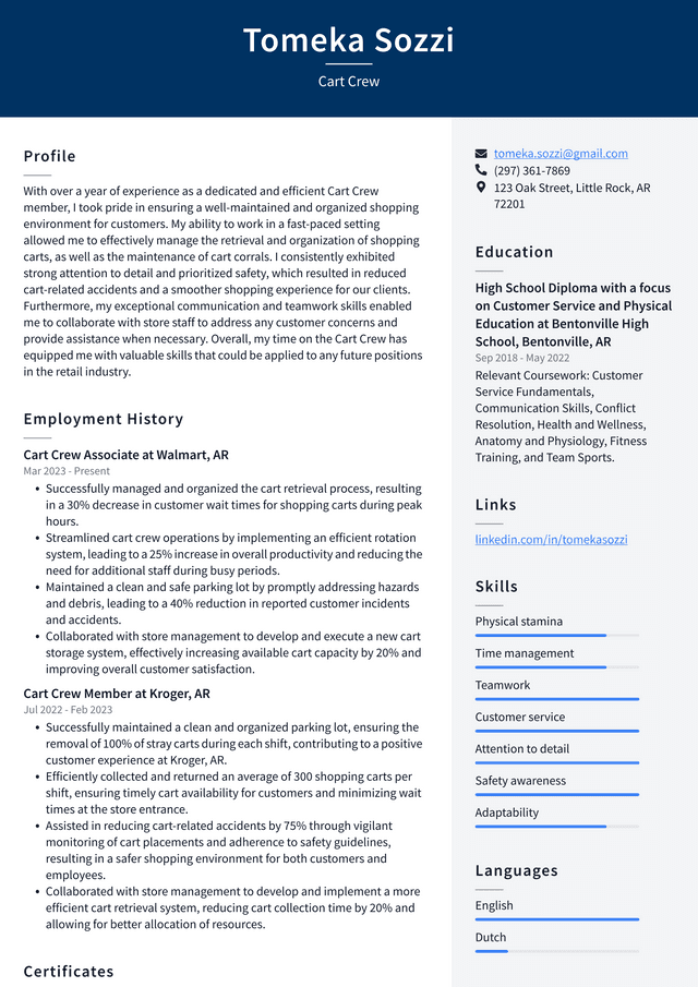 Costco Cart Crew Resume Example