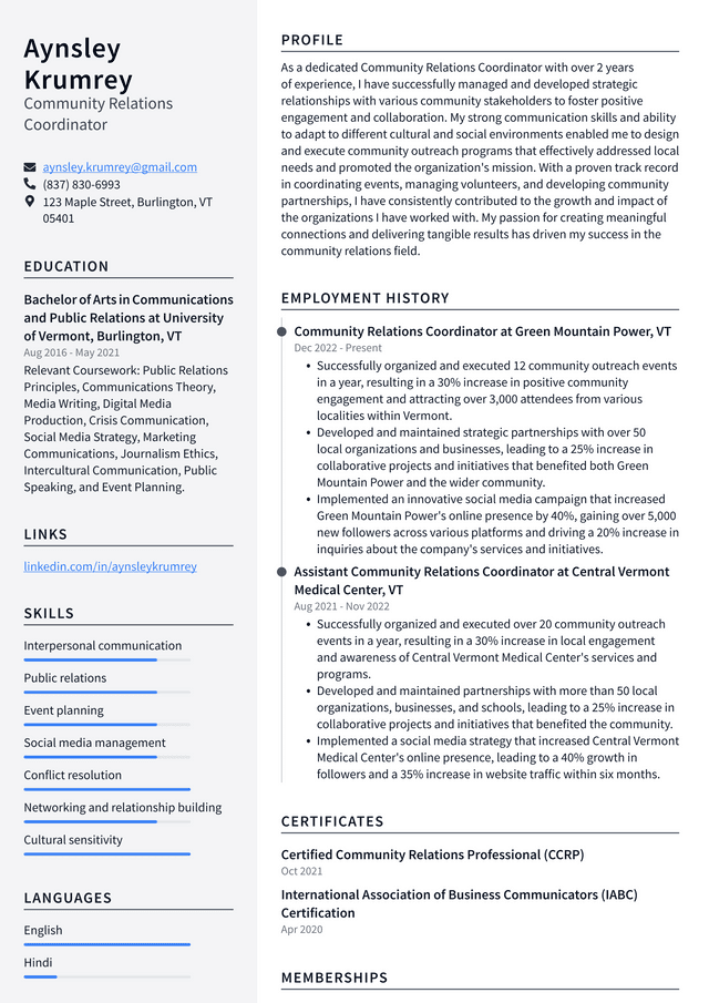 Costco Community Relations Coordinator Resume Example