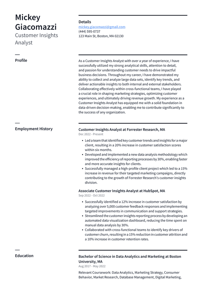 Costco Customer Insights Analyst Resume Example