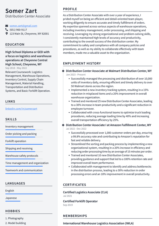 Costco Distribution Center Associate Resume Example