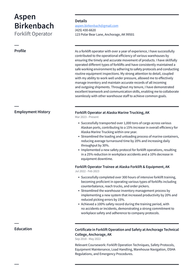 Costco Forklift Operator Resume Example