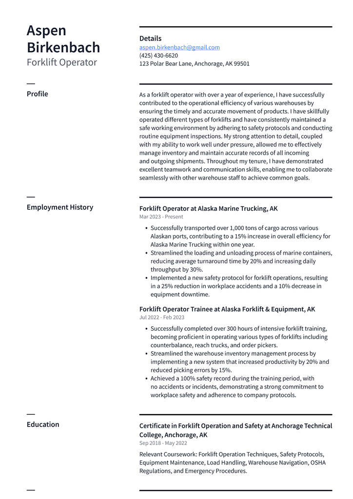 Costco Forklift Operator Resume Examples ResumeCat