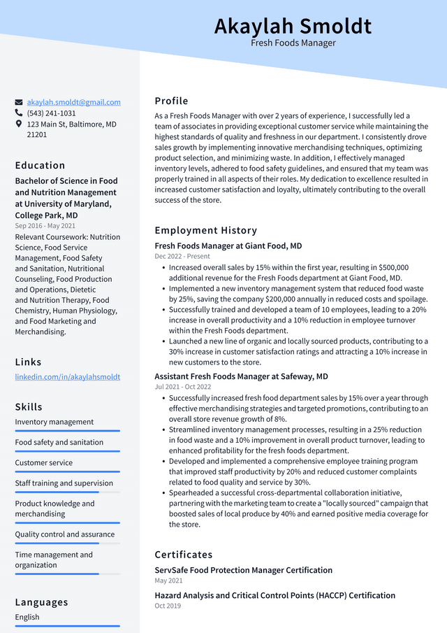 Costco Fresh Foods Manager Resume Example