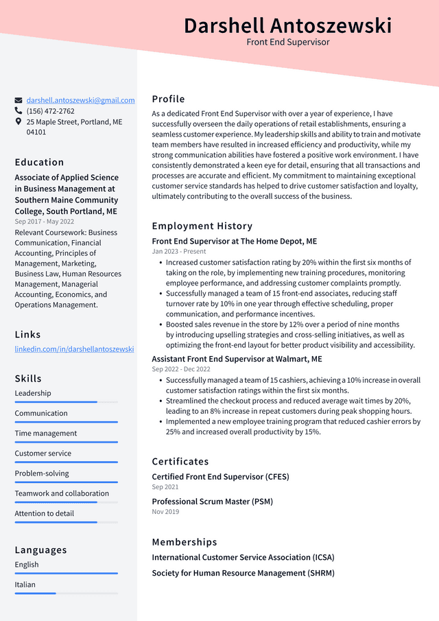 Costco Front End Supervisor Resume Example