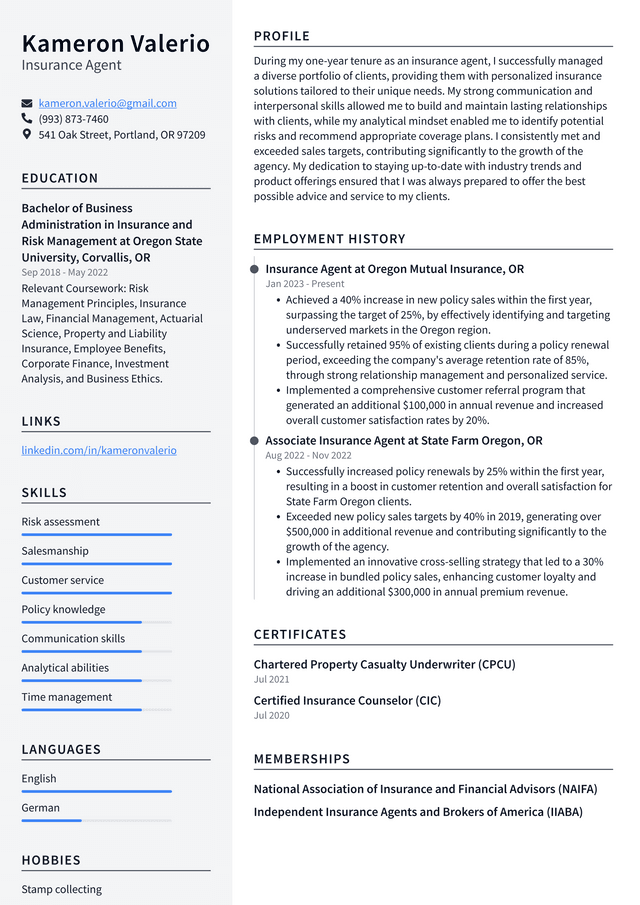 Costco Insurance Agent Resume Example