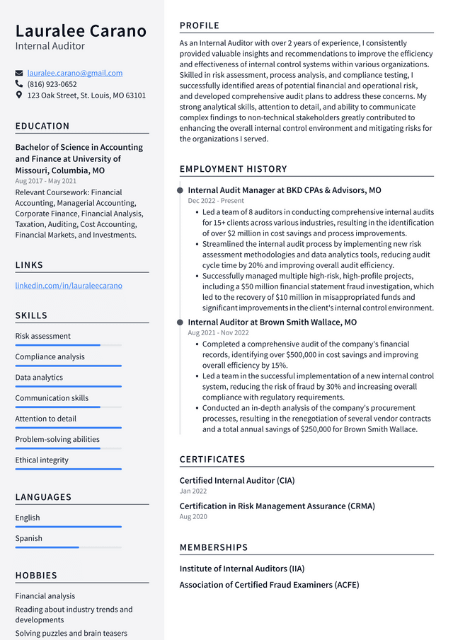 Costco Internal Auditor Resume Example