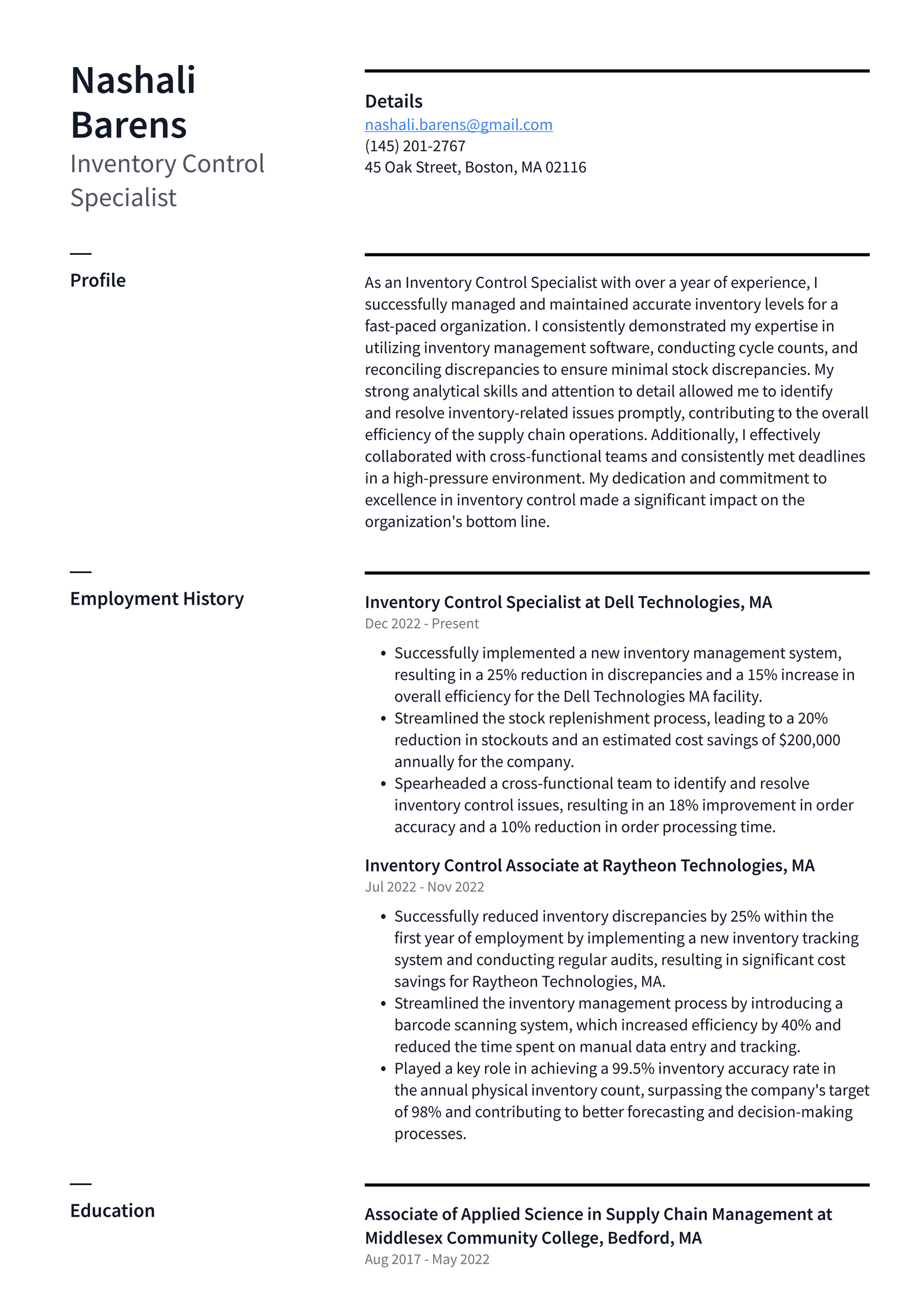 Costco Inventory Control Specialist Resume Examples