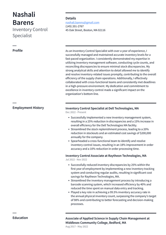 Costco Inventory Control Specialist Resume Example