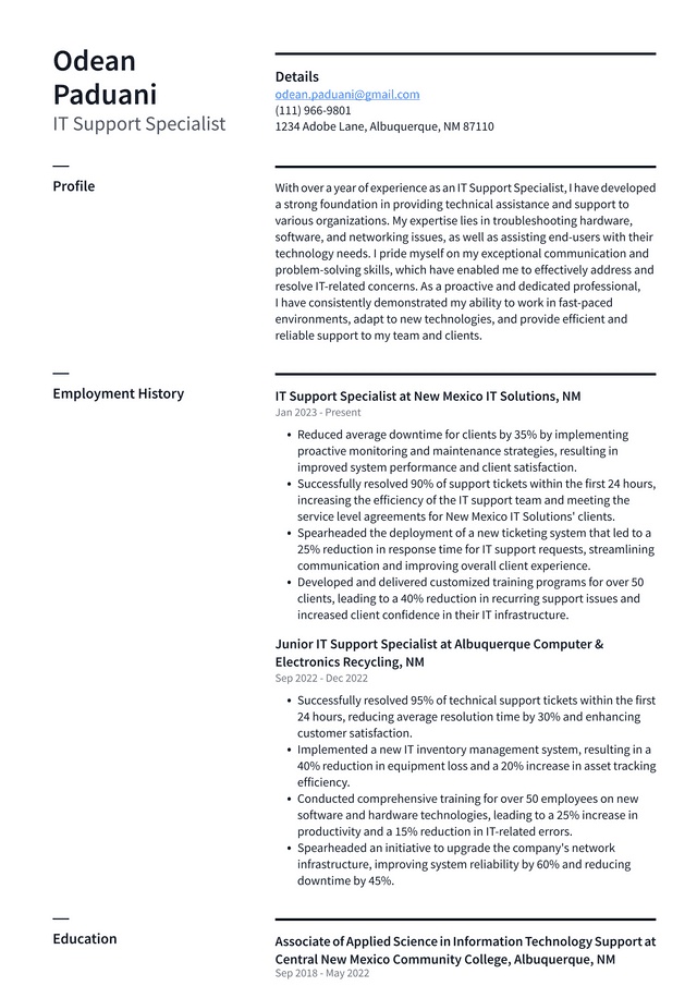 Costco IT Support Specialist Resume Example