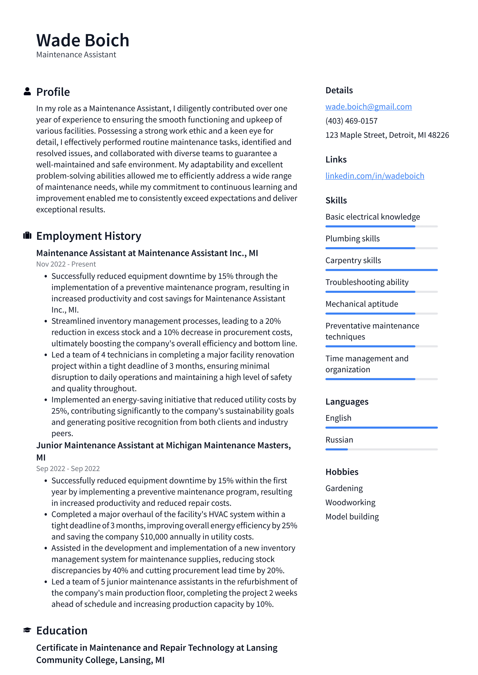 Costco Maintenance Assistant Resume Examples ResumeCat