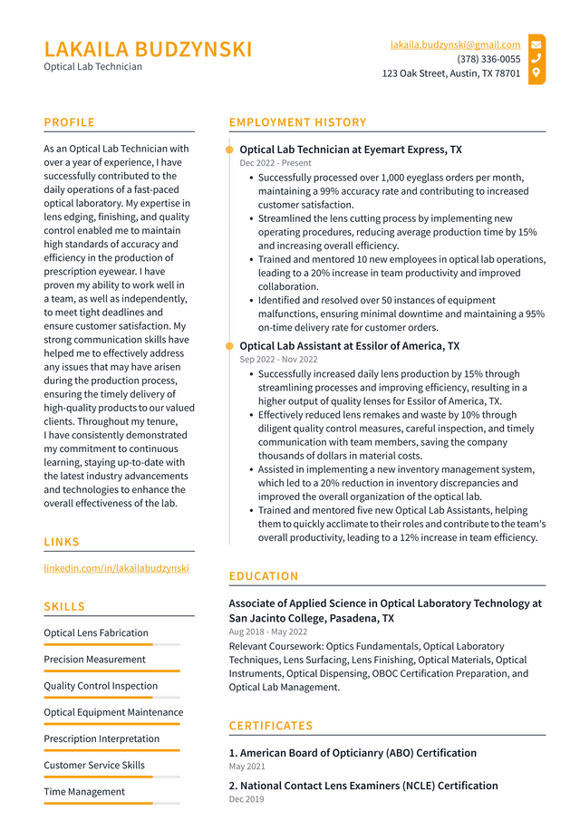 Costco Optical Lab Technician Resume Example