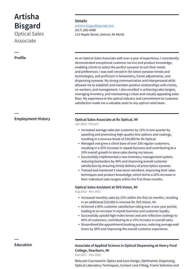 Costco Optical Sales Associate Resume Example