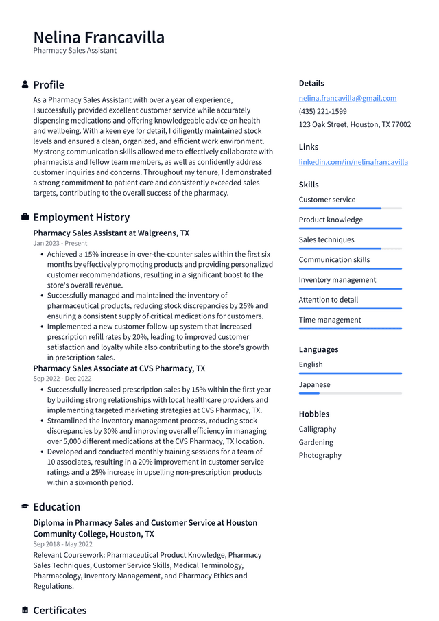 Costco Pharmacy Sales Assistant Resume Example