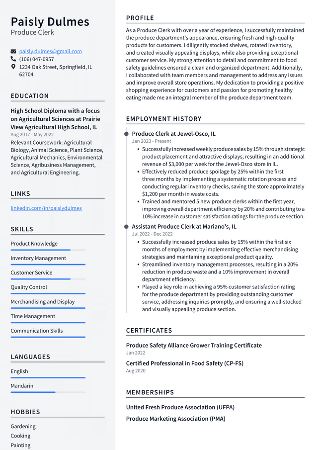 Costco Produce Clerk Resume Example