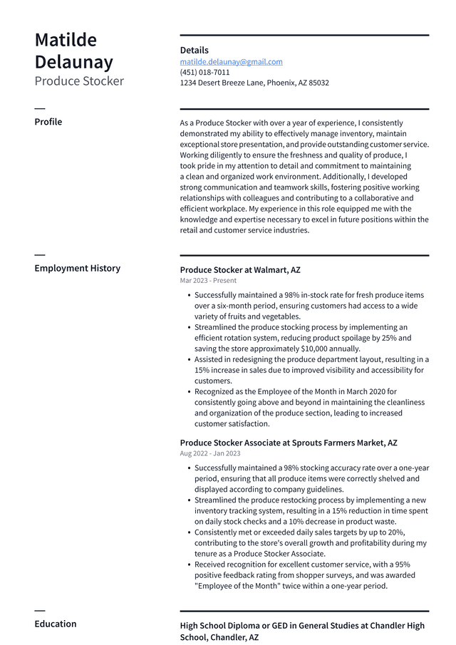 Costco Produce Stocker Resume Example