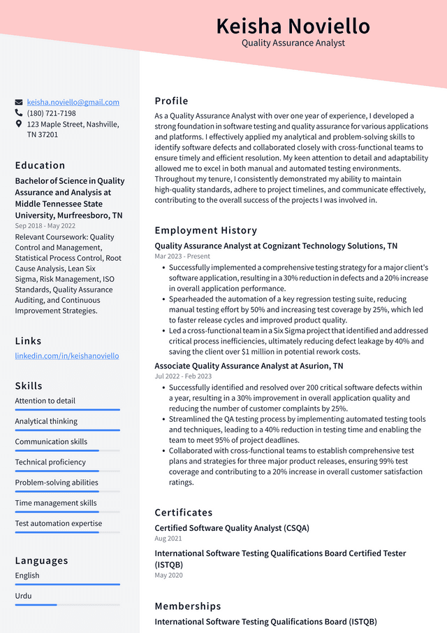 Costco Quality Assurance Analyst Resume Example