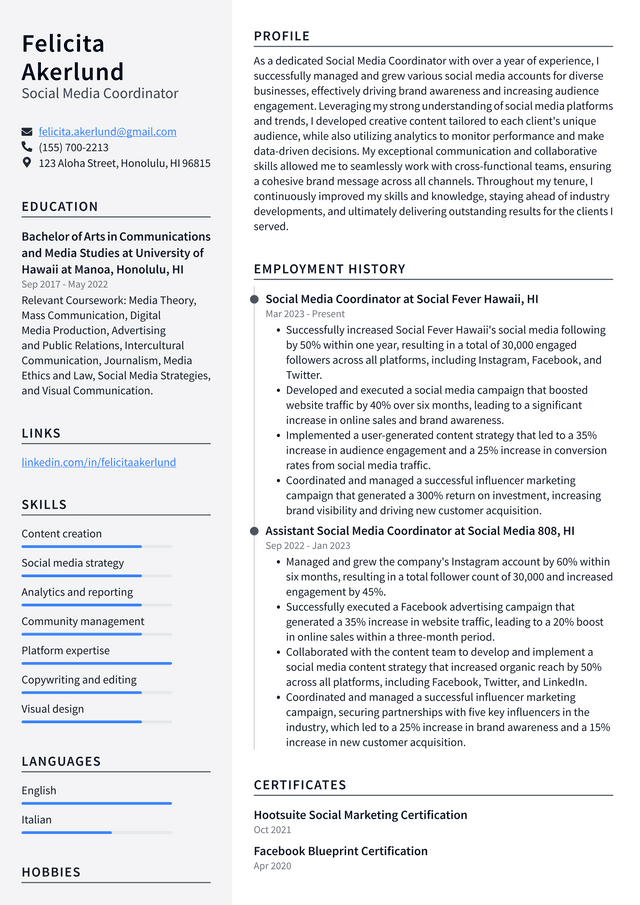 Costco Social Media Coordinator Resume Example