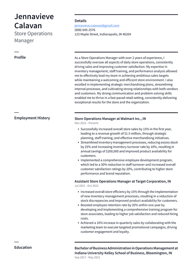 Costco Store Operations Manager Resume Example