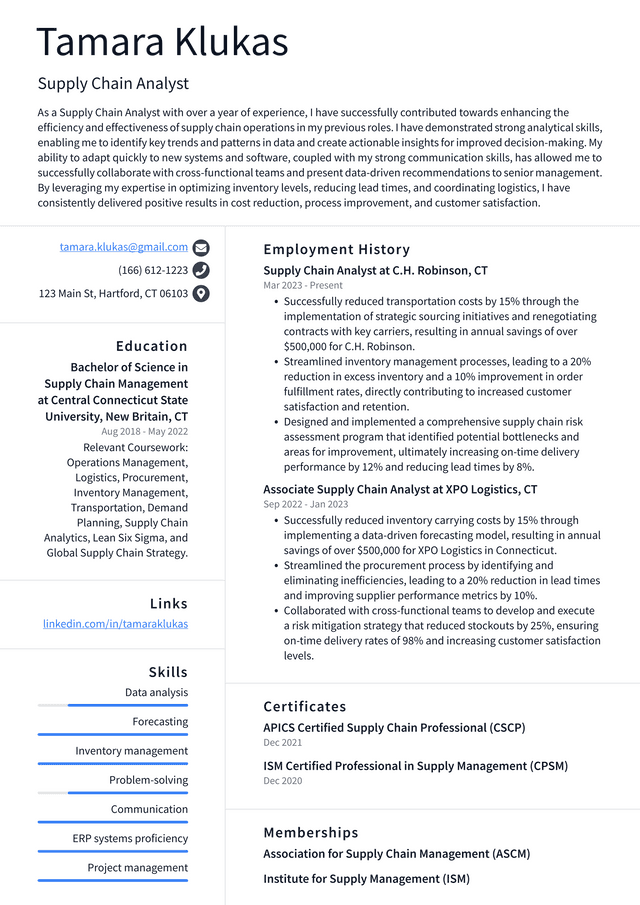 Costco Supply Chain Analyst Resume Example