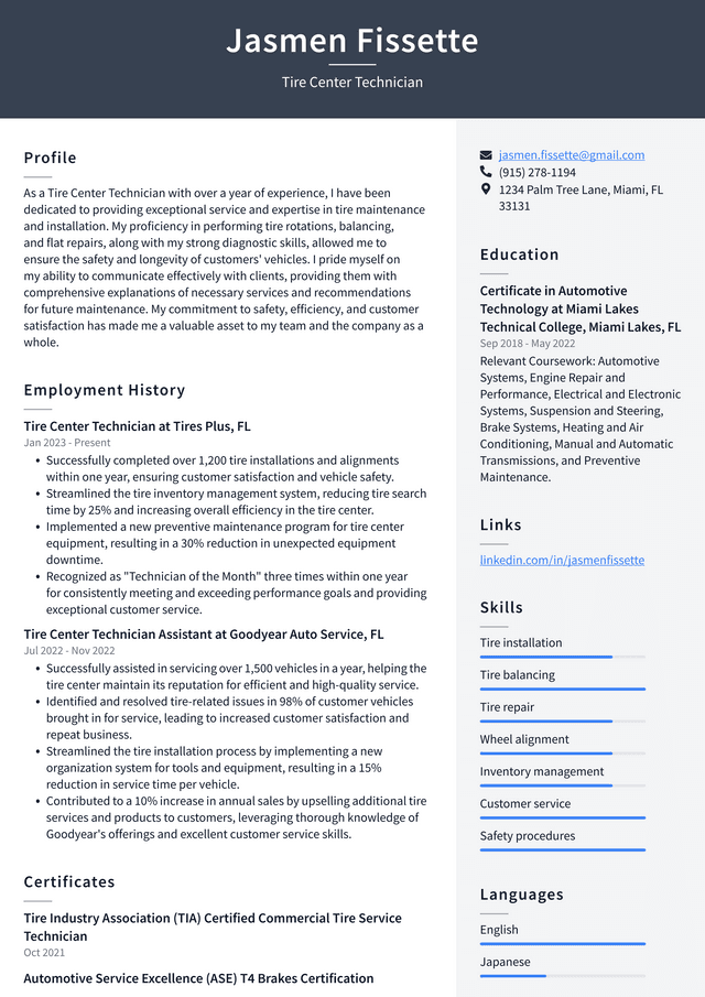 Costco Tire Center Technician Resume Example