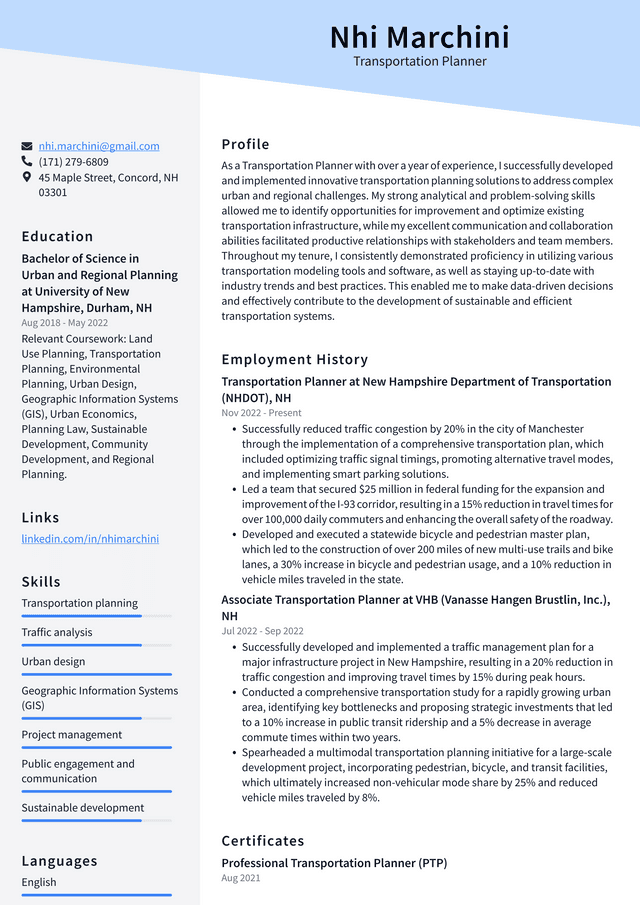 Costco Transportation Planner Resume Example