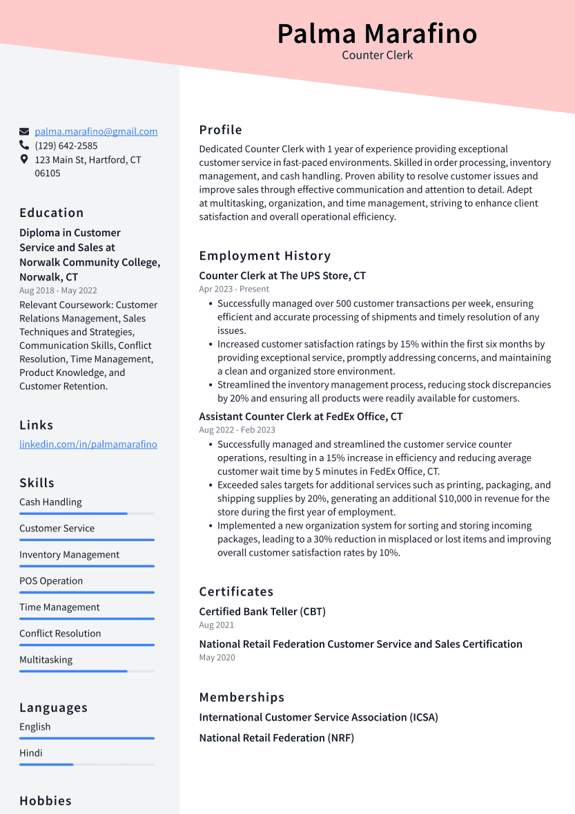 Counter Clerk Resume Example