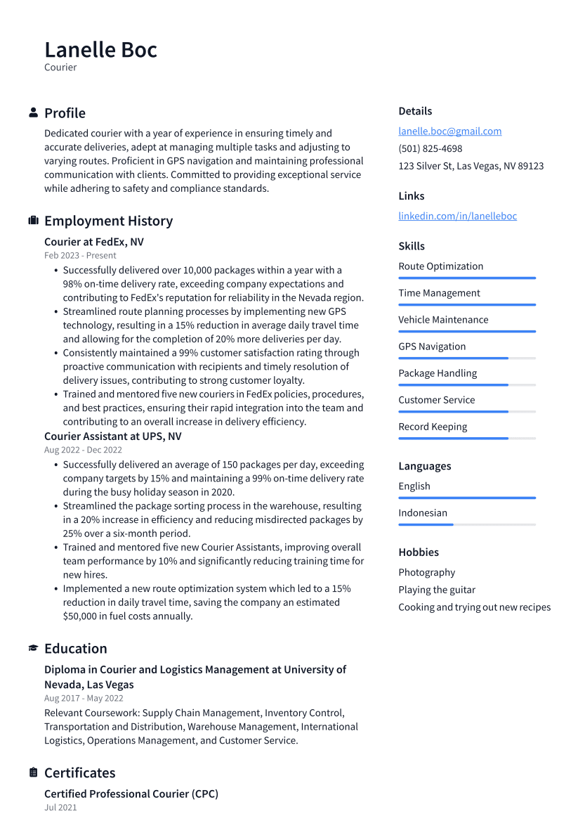 Courier Resume Example