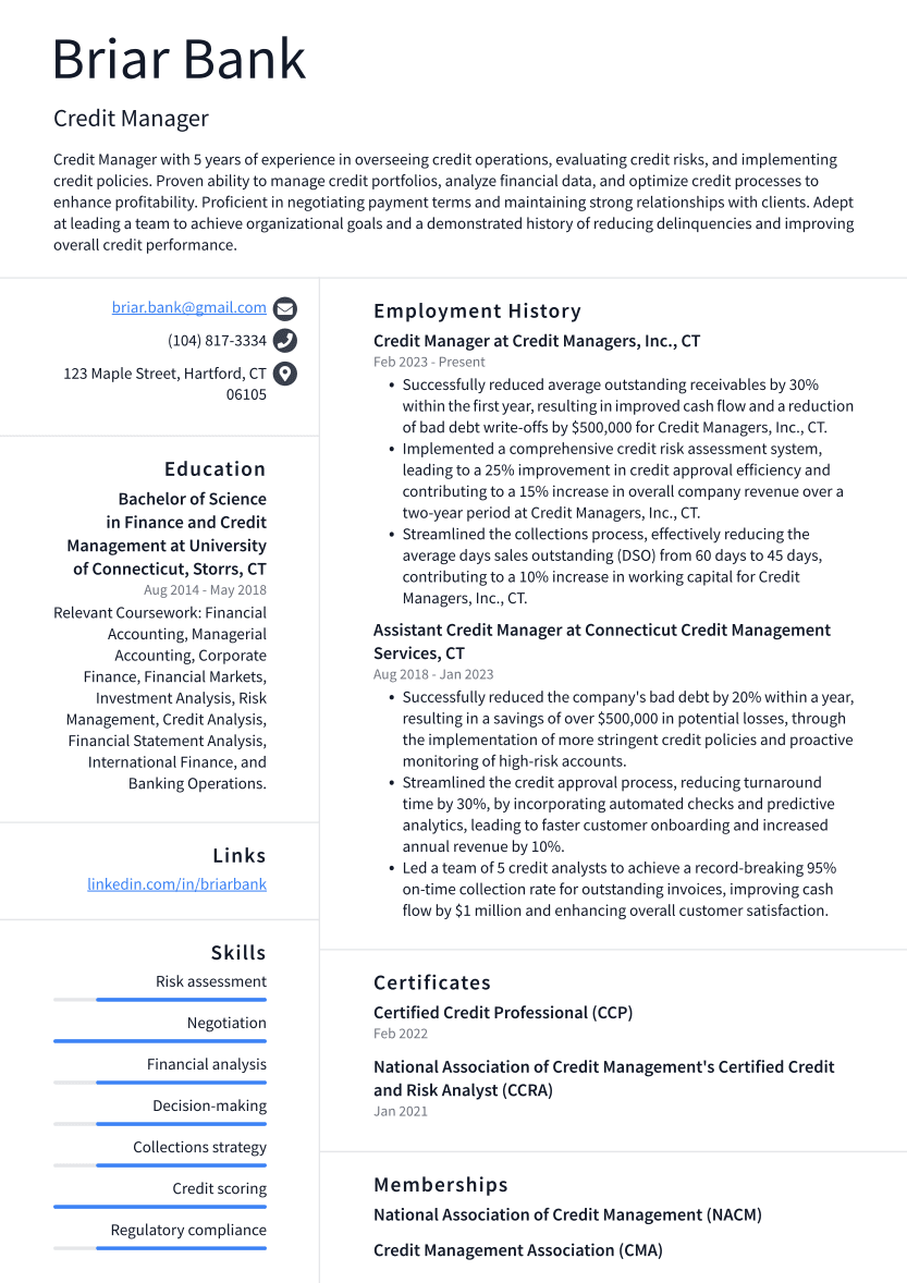 Credit Manager Resume Example