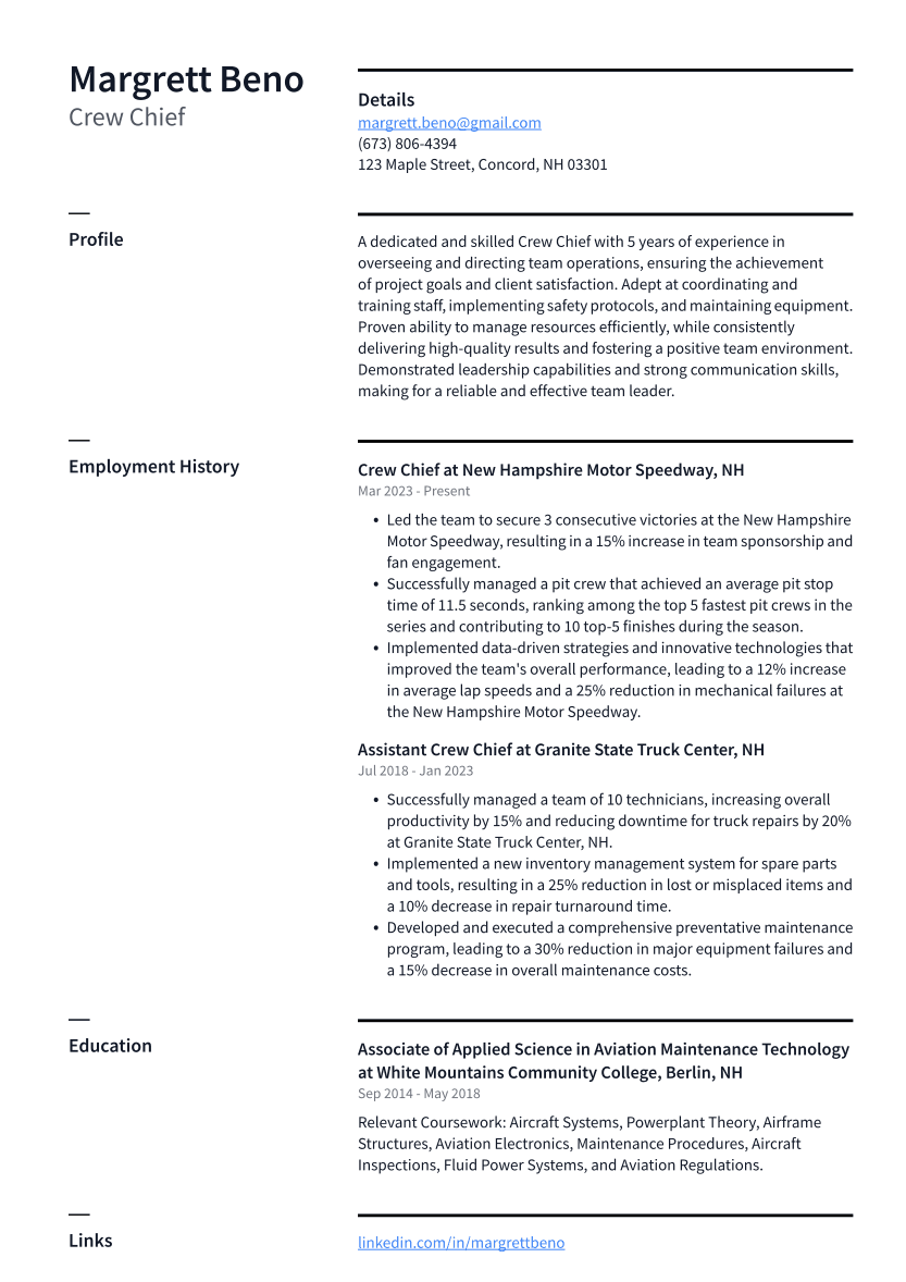 Crew Chief Resume Example