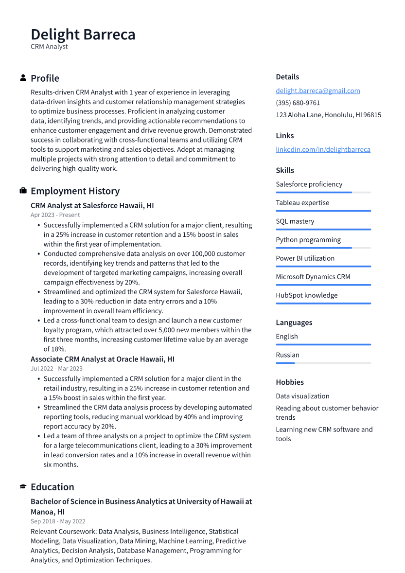 CRM Analyst Resume Example