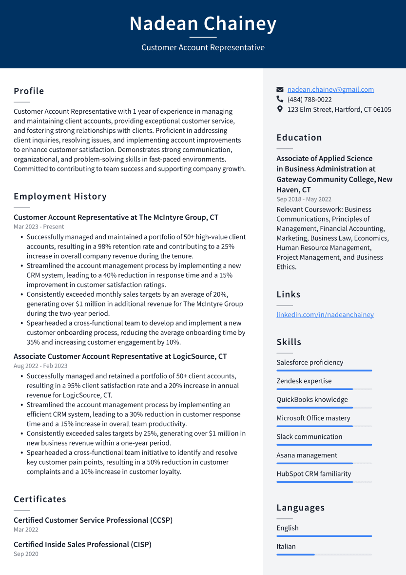 Customer Account Representative Resume Example