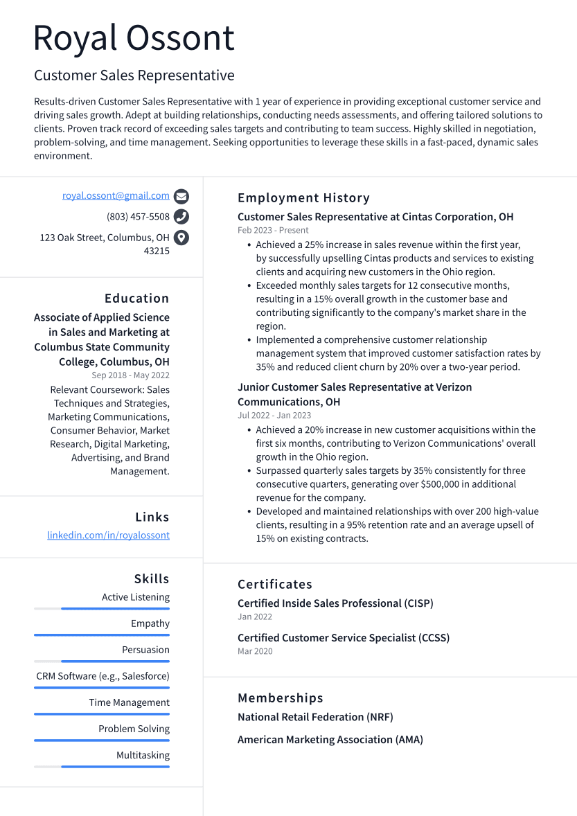 Customer Sales Representative Resume Example