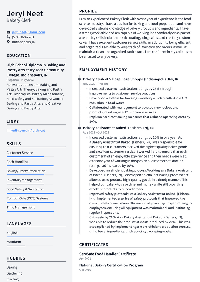 CVS Bakery Clerk Resume Example