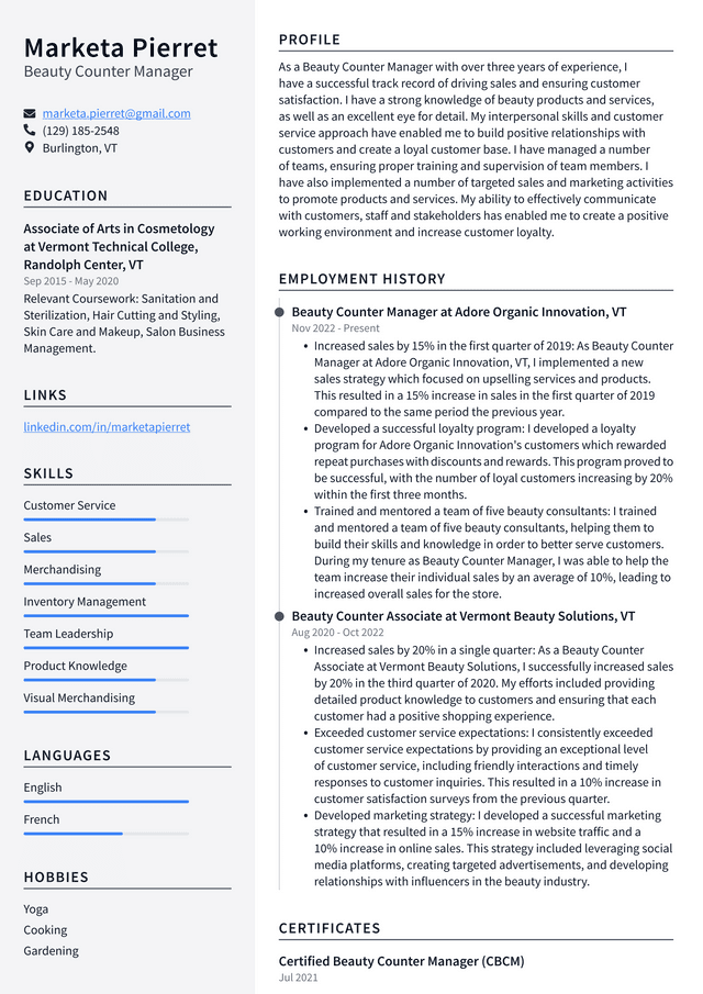 CVS Beauty Counter Manager Resume Example