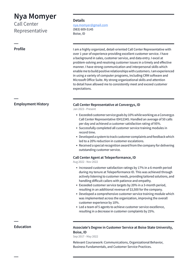 summary for call center representative resume