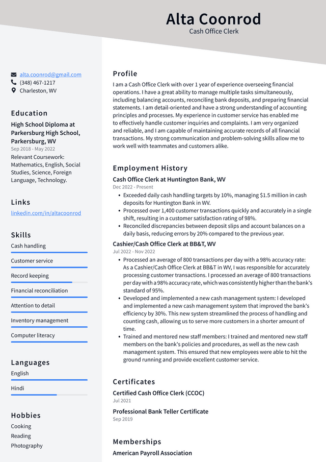 CVS Cash Office Clerk Resume Example