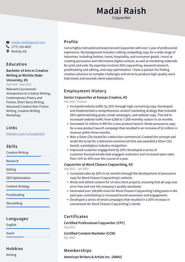 CVS Copywriter Resume Example