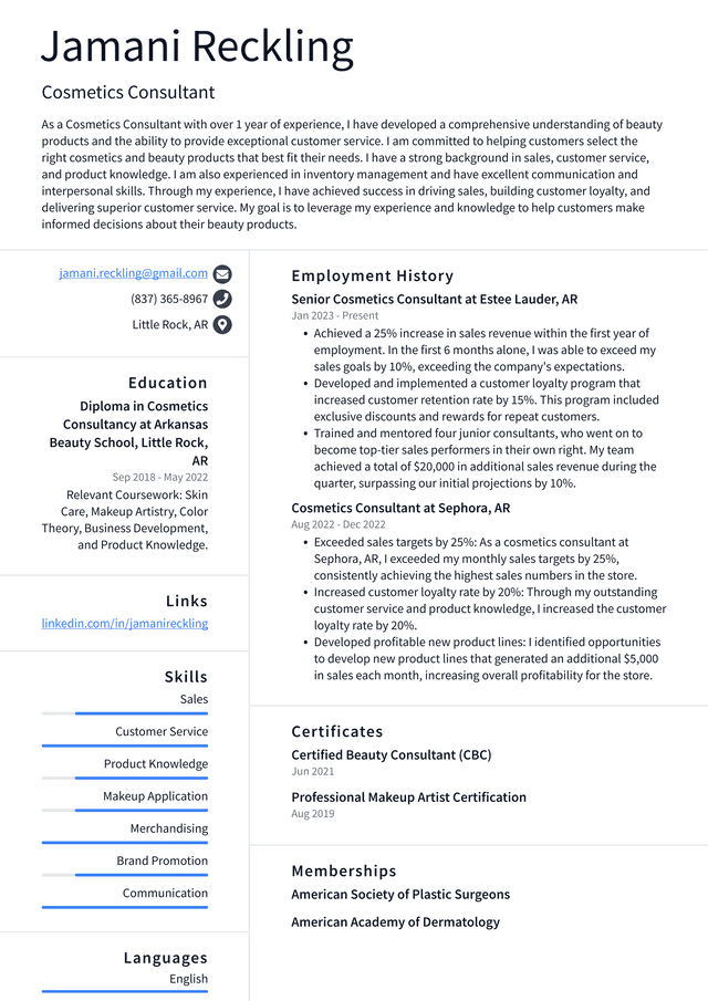 CVS Cosmetics Consultant Resume Example